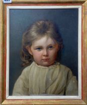 A framed oil on board portrait of a young girl, frame size 40 x 47.5cm.