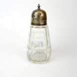 A hallmarked silver and cut crystal sugar shaker, H. 15cm.