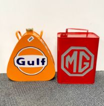 Two metal advertising petrol cans, H. 34cm. One without cap.