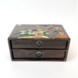 A superb Chinese two drawer hardwood chest inset carved mother of pearl and semi-precious stones, 24