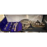 A cased fish serving set and other silver plate.