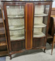 An early 20th century inlaid mahogany display cabinet, 145 x 109 x 39cm. A/F to inlay.