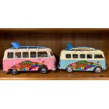 Two handmade metal models of camper vans, L. 26cm.