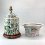 A Chinese hand enamelled porcelain table lamp base, H. 48cm. together with a hand enamelled