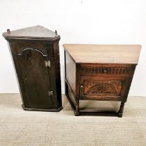 A carved oak single drawer side/console table, 86 x 74 x 40cm. together with an oak two shelf corner