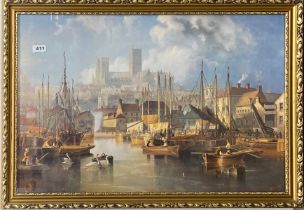 A large gilt framed print of Lincoln Cathedral and Brayford Pool after James W. Carmichael, 59 x