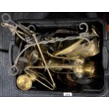 A box of mixed brassware, etc.