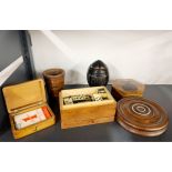 Five mixed wooden boxes with a Garrick cigarettes leather dice shaker and dice.