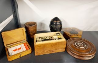 Five mixed wooden boxes with a Garrick cigarettes leather dice shaker and dice.