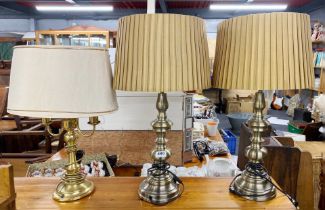 A pair of brass table lamps with silk shades together with a further brass desk lamp and shade, H.