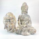 A large stone effect composition figure of a seated Buddha, H. 53cm. together with a similar stone
