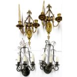 A group of mixed gilt brass and other wall light fittings, fittings H. 43cm.