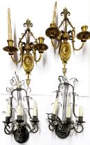 A group of mixed gilt brass and other wall light fittings, fittings H. 43cm.