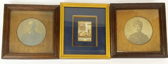 A hand painted Indian miniature, frame size 17 x 19cm. together with a pair of oak framed