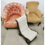 A button backed floral upholstered tub chair together with a small upholstered armchair and a