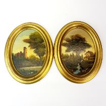 A pair of Italian oval gilt framed oils on board, H. 22cm.