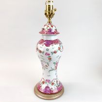 An oriental style hand painted porcelain vase and cover, mounted as a lamp base, H. 47cm.