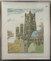 A large pencil signed limited edition 7/50 lithograph of Ely Cathedral, 72 x 86cm.