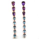 A pair of rose gold on 925 silver drop earrings set with pear cut amethysts and blue topaz, L. 5.