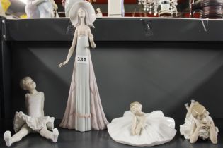 A Lladro figure of a girl wearing a hat, H. 35cm, together with three Nao figures of ballerinas.
