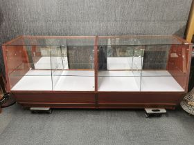 A Formica and mahogany veneered, glass shelved jewellery shop/ haberdashery counter display cabinet,