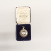 A cased hallmarked silver half haunter JW Benson pocket watch.