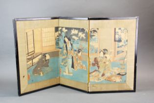 An early 20th century Japanese folding screen decorated with three woodblock prints, H. 48cm. Each