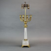 A neo classical cut crystal and ormolu mounted candelabrum style table lamp, c.1900, H. 61cm.