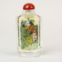 A Chinese inside painted crystal snuff bottle with polished agate stopper, H. 10cm.