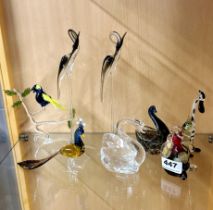 A group of hand made glass animals and birds, tallest is 23cm.