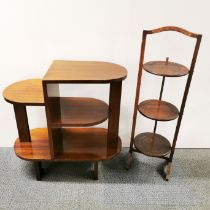 An interesting five tier mahogany side table together with a folding mahogany cake stand, table 65 x