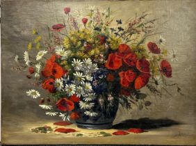 A 19th/ early 20th C. unframed oil on canvas, still life of flowers, signed Drevet (Marie), 73 x