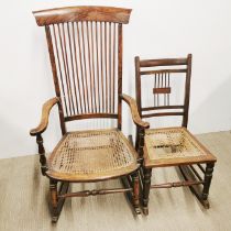 Two 19th C. beechwood rocking chairs with rattan seats, tallest H. 107cm. A/F to one seat.