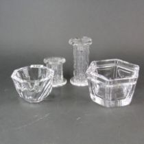 Two pieces of signed cut crystal (one Orrefors) with a pair of crystal candlesticks, largest W.