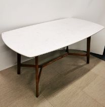 A marble topped garden table on a wooden base, 160 x 90 x 76cm.