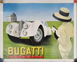 Gérard Courbouleix–Dénériaz. A large signed 'Razzia' canvas mounted Bugatti automobile poster, 150 x