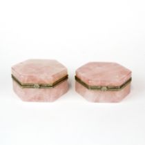 Two hexagonal polished rose quartz boxes, W. 7cm, D. 3.5cm.