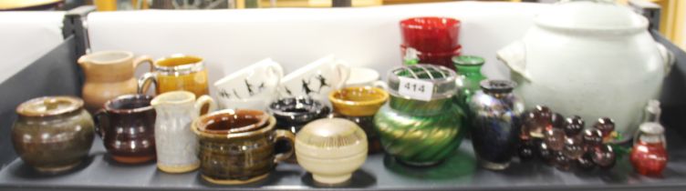 A group of studio pottery and glass items.