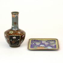Two fine quality early 20th C. Japanese cloisonne items, Vase height 9.5cm, Dish 8.5 x 8.5cm.