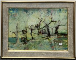 J.W.Sunbra, a contemporary pencil signed oil on board behind glass, row of trees, dated 1986 with