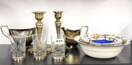 Three hallmarked silver glass holders with cut crystal glasses, four silver plate items and a Art