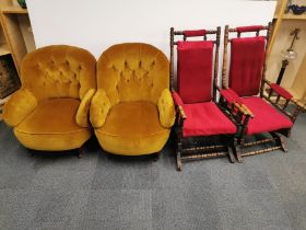 A pair of turned oak and red upholstered rocking chairs, H. 105cm together with a pair of yellow