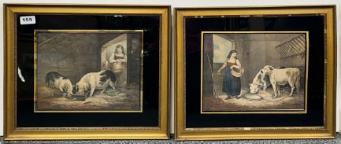 A pair of framed 18th C. engravings of farm girls with pigs and calves, frame size 43 x 36cm.