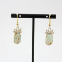 A pair of 925 silver gilt drop earrings set with pear cut mixed colour jade.