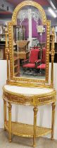 A roccoco style two tier carved gilt wood and rattan console table and mirror, 215 x 90cm.