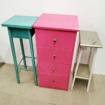 A painted set of drawers together with a painted single drawer torchere/ plant stand and a further