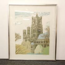 A large framed limited edition 7/50 lithograph of Ely cathedral by Michael Bowman, frame size 72 x