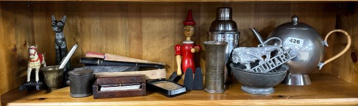 A stylish 1970's pewter teapot and other items.