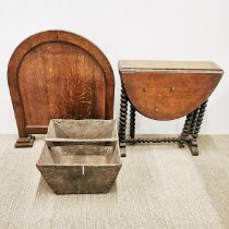 An oak firescreen together with a small drop leaf, gate leg table and a pail bucket, screen 70 x