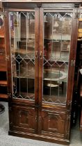 A heavy quality Webber Furniture oak and glass shelved display cabinet, 182 x 91 x 38cm.